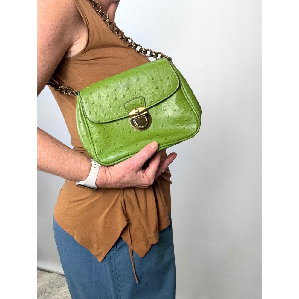 Unbranded Lime Green Ostrich Embossed Leather Shoulder Bag Brass Chain Strap